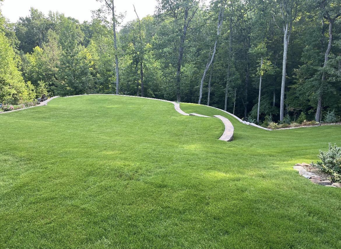 Freshly sodded sloped lawn terraced with a curved segmental retaining wall and stone steps on a wooded Troutman, NC lot